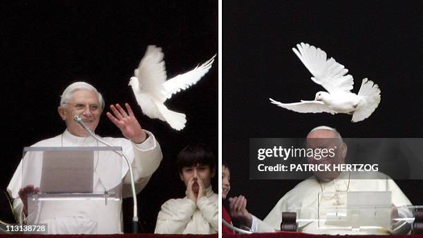 This combo image made of a picture taken 30 January 2005 of Pope John Paul II and another taken 29 January 2006 of Pope Benedict XVI shows the two...