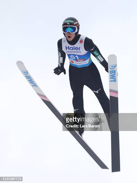 Ryoyu Kobayashi of Japan jumps during the qualification round of the HS130 men's ski jumping Competition of the FIS Nordic World Ski Championships at...
