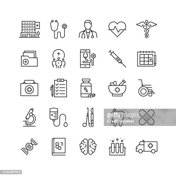stockillustraties, clipart, cartoons en iconen met gezondheidszorg en geneeskunde gerelateerde vector lijn iconen - gezondheidszorg en medicijnen