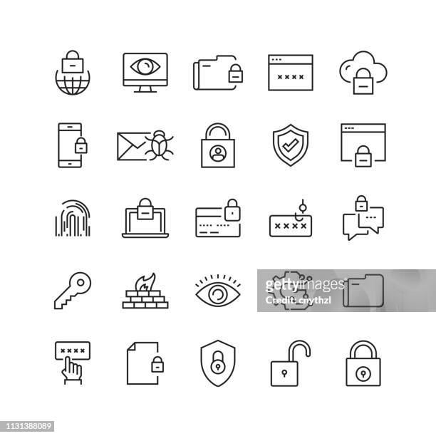 ilustraciones, imágenes clip art, dibujos animados e iconos de stock de iconos de línea vectorial relacionados con la seguridad cibernética - antivirus software