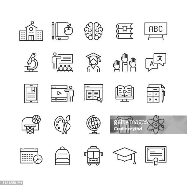 ilustraciones, imágenes clip art, dibujos animados e iconos de stock de iconos de líneas vectoriales relacionadas con la educación y la escuela - educación