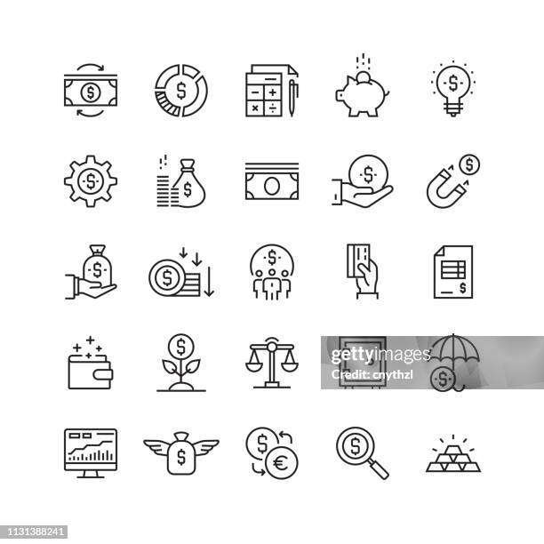 finance and economy related vector line icons - crowdfunding stock illustrations