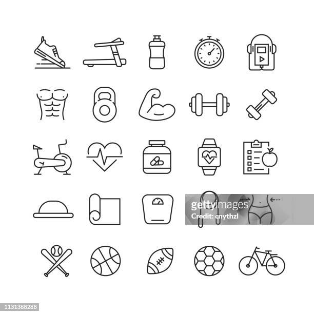 fitness and sports related vector line icons - healthy lifestyle stock illustrations