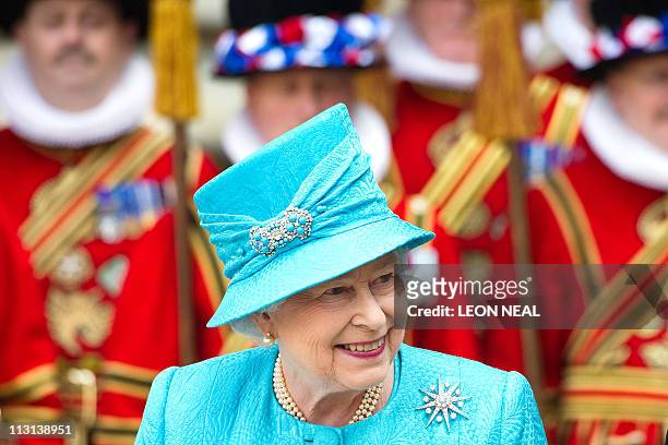 Britain's Queen Elizabeth II leaves Westminster Abbey in central London following the Royal Maundy Service on April 21, 2011. Queen Elizabeth II...