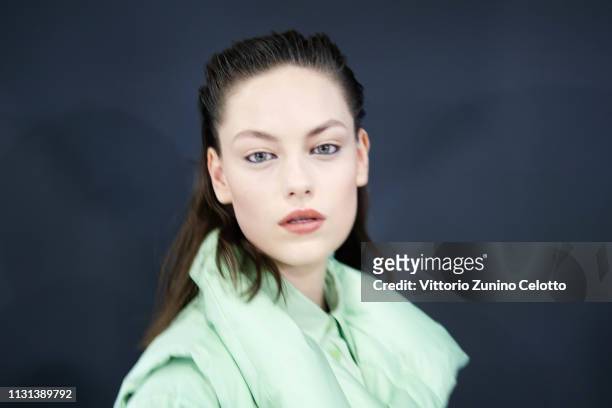 Model poses backstage ahead of the Sportmax show at Milan Fashion Week Autumn/Winter 2019/20 on February 22, 2019 in Milan, Italy.