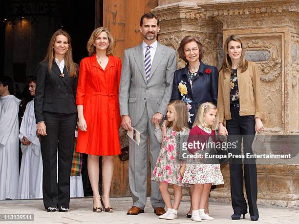 Princess Elena, Princess Cristina, Prince Felipe, Queen Sofia of Spain, Princess Letizia and kids Princess Leonor and Princess Sofia attend Easter...