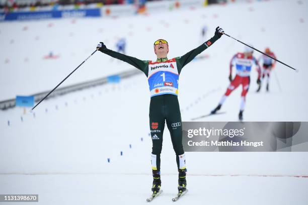 Eric Frenzel of Germany celebrates winning the Nordic Combined Competition of the FIS Nordic World Ski Championships on February 22, 2019 in Seefeld,...