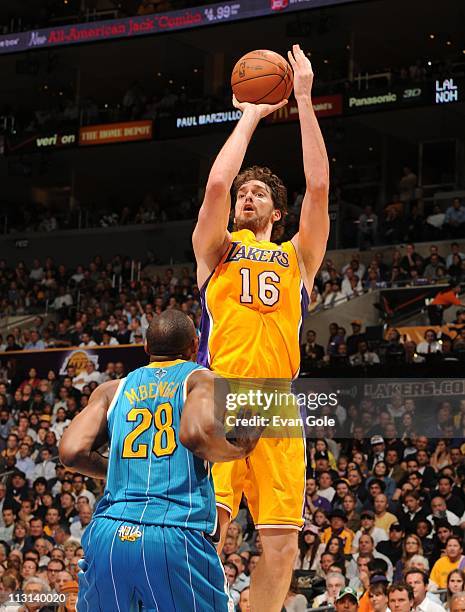 Pau Gasol of the Los Angeles Lakers shoots the ball in Game Two of the Western Conference Quarterfinals against the New Orleans Hornets during the...