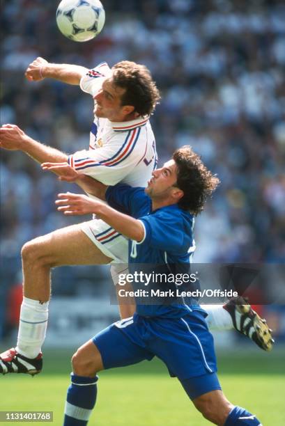 July 1998 - FIFA World Cup - Quarter Final - Stade de France - Italy v France - Laurent Blanc of France and Alessandro Del Piero of Italy battle for...