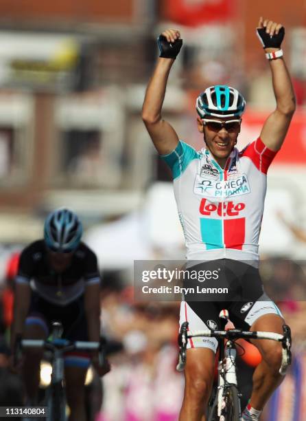 Philippe Gilbert of Belgium and Omega Pharma-Lotto crosses the line to win the 97th Liege-Bastogne-Liege race on April 24, 2011 in Liege, Belgium.