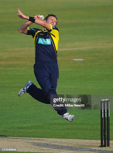 Dominic Cork of Hampshire in action during the Clydesdale Bank 40 match between Hampshire and Warwickshire at The Rose Bowl on April 24, 2011 in...