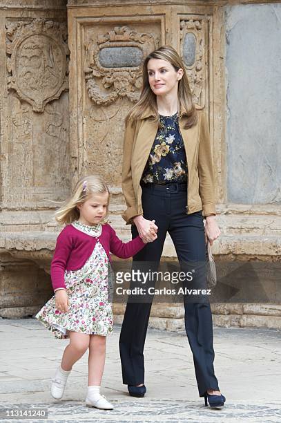 Princess Letizia of Spain and her daugther Princess Sofia of Spain attend Easter Mass on April 24, 2011 in Palma de Mallorca, Spain.