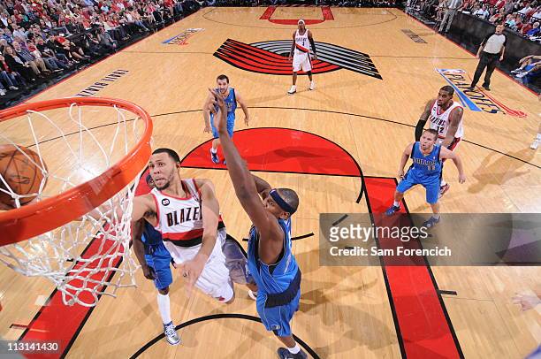Brandon Roy of the Portland Trail Blazers shoots against the Dallas Mavericks in Game Four of the Western Conference Quarterfinals in the 2011 NBA...