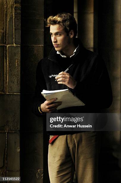 Prince William poses in Salvator's quad in St. Andrew's University on November 20, 2004 in St Andrews, Scotland.