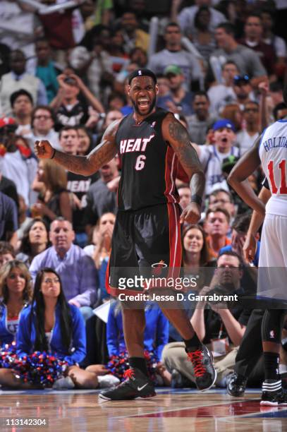 LeBron James of the Miami Heat celebrates in Game Four of the Eastern Conference Quarterfinals against the Philadelphia 76ers in the 2011 NBA...