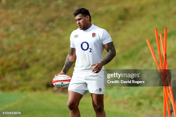 Nathan Hughes looks on during the England captains run held at Pennyhill Park on February 22, 2019 in Bagshot, England.