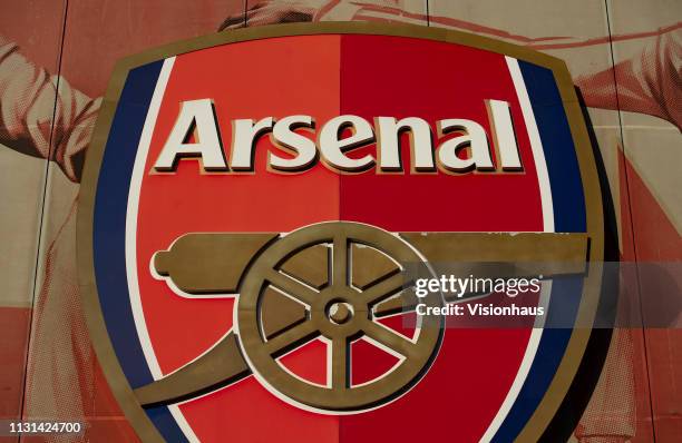 General view of the Arsenal club crest outside the Emirates Stadium home of Arsenal FC before the UEFA Europa League Round of 32 Second Leg match...