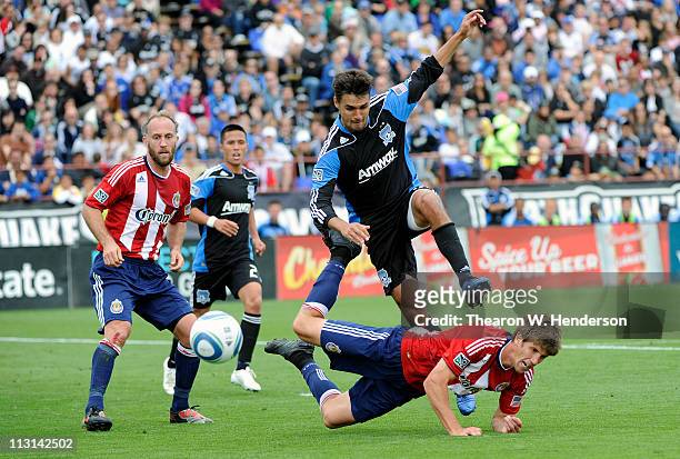 Andrew Boyens of Chavis USA going after the ball gets tangled up with Chris Wondolowski of the San Jose Earthquakes during an MLS soccer game at Buck...