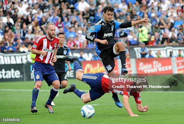 Andrew Boyens of Chavis USA going after the ball gets tangled up with Chris Wondolowski of the San Jose Earthquakes during an MLS soccer game at Buck...