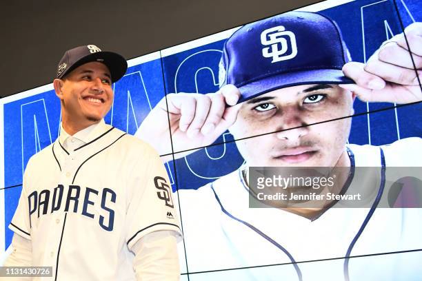 Manny Machado of the San Diego Padres smiles during a press conference at Peoria Stadium on February 22, 2019 in Peoria, Arizona.