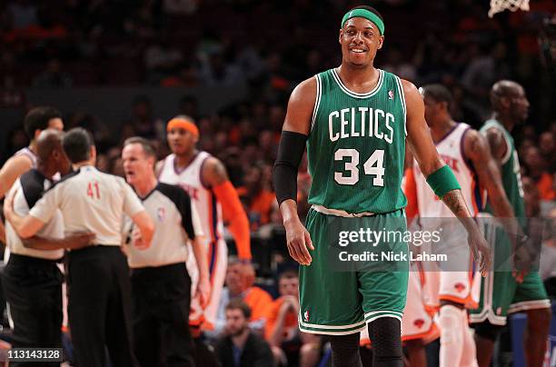 Paul Pierce of the Boston Celtics looks on against the New York Knicks in Game Four of the Eastern Conference Quarterfinals during the 2011 NBA...