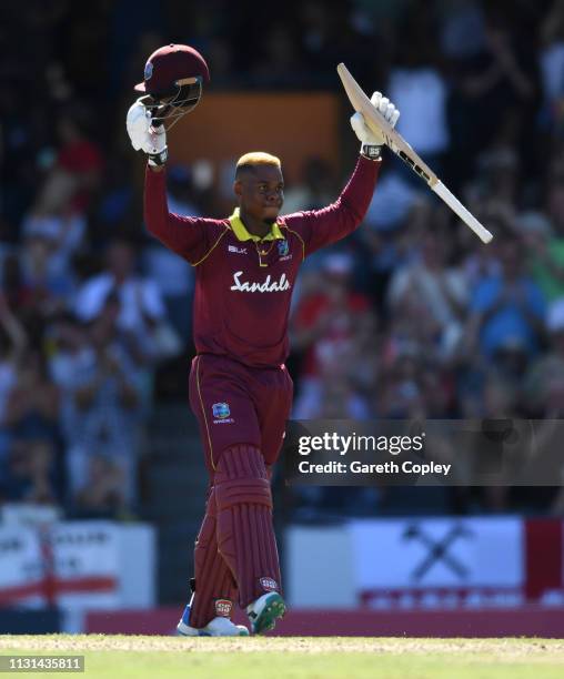 Shimron Hetmyer of the West Indies celebrates reaching his century during the 2nd One Day International match between the West Indies and England at...