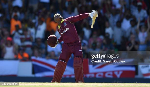 Shimron Hetmyer of the West Indies celebrates reaching his century during the 2nd One Day International match between the West Indies and England at...