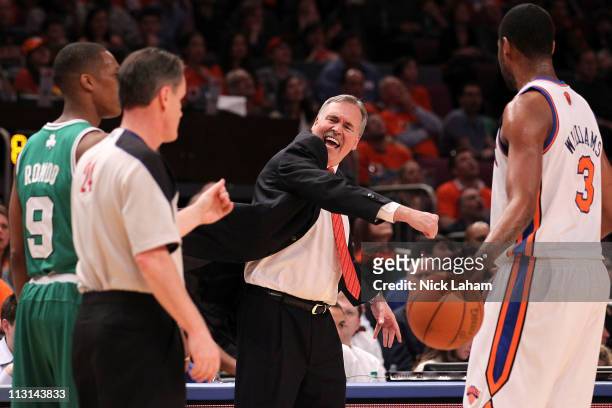 Head coach Mike D'Antoni of the New York Knicks reacts towards referee referee Mike Callahan against the Boston Celtics in Game Four of the Eastern...