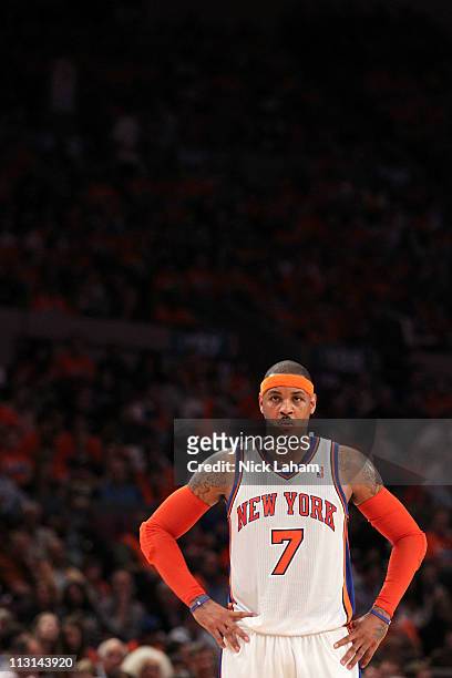 Carmelo Anthony of the New York Knicks looks on against the Boston Celtics in Game Four of the Eastern Conference Quarterfinals during the 2011 NBA...