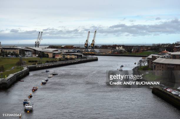 The mouth of the river Wear is seen from the Wearmouth road bridge in Sunderland in north east England on March 16, 2019. - The former shipbuilding...