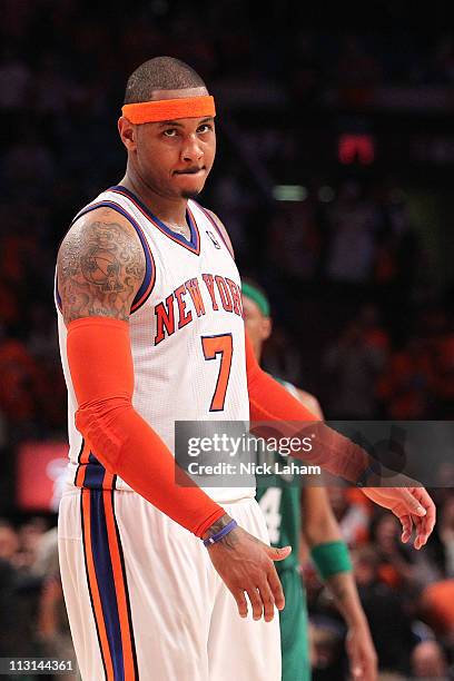 Carmelo Anthony of the New York Knicks reacts against the Boston Celtics in Game Four of the Eastern Conference Quarterfinals during the 2011 NBA...