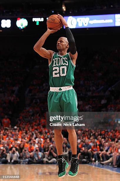 Ray Allen of the Boston Celtics attempts a shot against the New York Knicks in Game Four of the Eastern Conference Quarterfinals during the 2011 NBA...