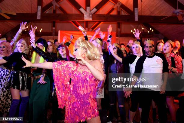 Alyssa Edwards reacts to the talent show during Camp TAZO on March 16, 2019 in Marble Falls, Texas. TAZO partners with drag star Alyssa Edwards to...