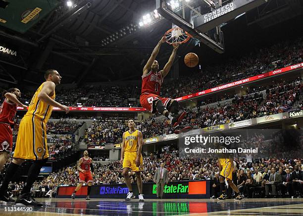 Derrick Rose of the Chicago Bulls dunks the ball against the Indiana Pacers in Game Four of the Eastern Conference Quarterfinals in the 2011 NBA...