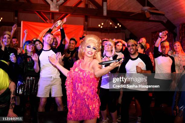 Alyssa Edwards dances with campers at the Talent Show during Camp TAZO on March 16, 2019 in Marble Falls, Texas. TAZO partners with drag star Alyssa...