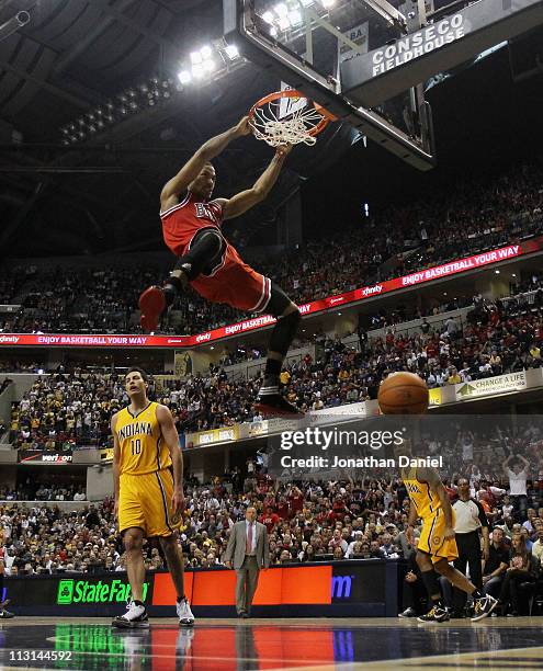 Derrick Rose of the Chicago Bulls dunks the ball against the Indiana Pacers in Game Four of the Eastern Conference Quarterfinals in the 2011 NBA...