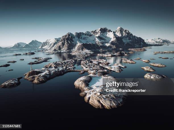 henningsvær aerial view - henningsvaer stock pictures, royalty-free photos & images