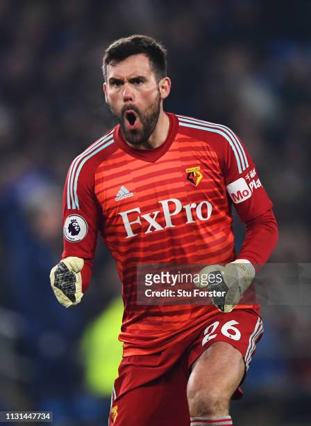 Ben Foster of Watford celebrates as Gerard Deulofeu of Watford scores his team's first goal during the Premier League match between Cardiff City and...