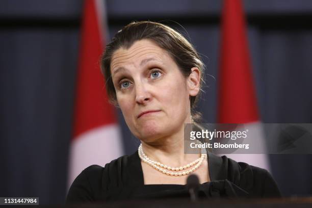 Chrystia Freeland, Canada's foreign minister, listens during a news conference at the National Press Theatre in Ottawa, Ontario, Canada, on Monday,...