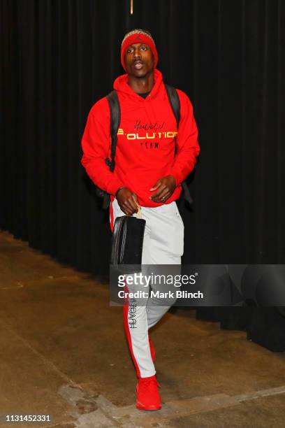 Andre Ingram of the Los Angeles Lakers arrives prior to a game against the Toronto Raptors on March 14, 2019 at the Scotiabank Arena in Toronto,...