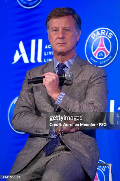 Accor CEO Sebastien Bazin and Paris Saint-Germain President Nasser Al Khelaifi addresses the press as the Paris Saint-Germain announce Accor as their...