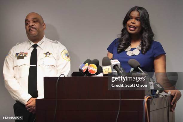 Joined by Chicago Police Superintendent Eddie Johnson, Cook County State's Attorney Kim Foxx announces that charges have been filed against singer R....