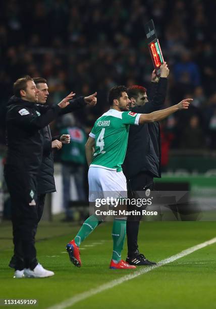 Claudio Pizarro of Werner Bremen comes onto the pitch as a substitution during the Bundesliga match between SV Werder Bremen and VfB Stuttgart at...