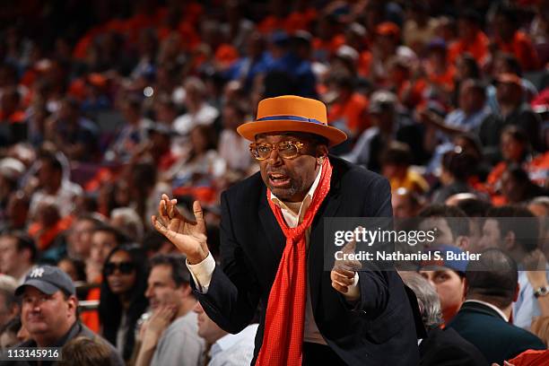Producer Spike Lee cheers on the New York Knicks against the Boston Celtics in Game Four of the Eastern Conference Quarterfinals in the 2011 NBA...