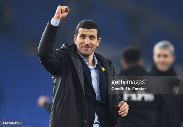 Javi Gracia, Manager of Watford celebrates victory after the Premier League match between Cardiff City and Watford FC at Cardiff City Stadium on...
