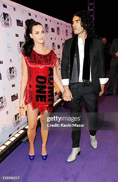 Russell Brand and Katy Perry attend the MTV Europe Awards 2010 at the La Caja Magica on November 7, 2010 in Madrid, Spain.