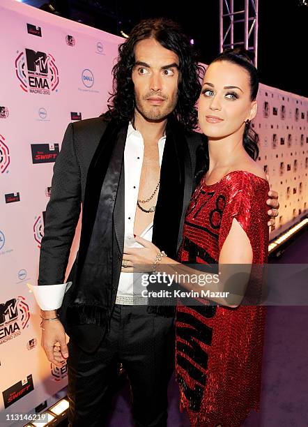 Russell Brand and Katy Perry attend the MTV Europe Awards 2010 at the La Caja Magica on November 7, 2010 in Madrid, Spain.