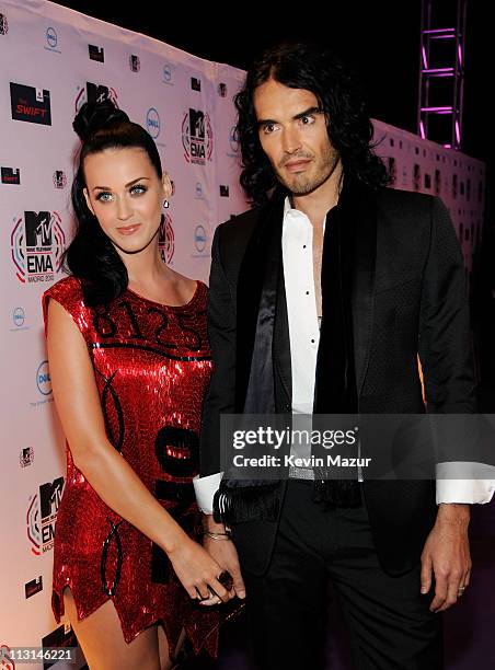 Katy Perry and Russell Brand attend the MTV Europe Awards 2010 at the La Caja Magica on November 7, 2010 in Madrid, Spain.
