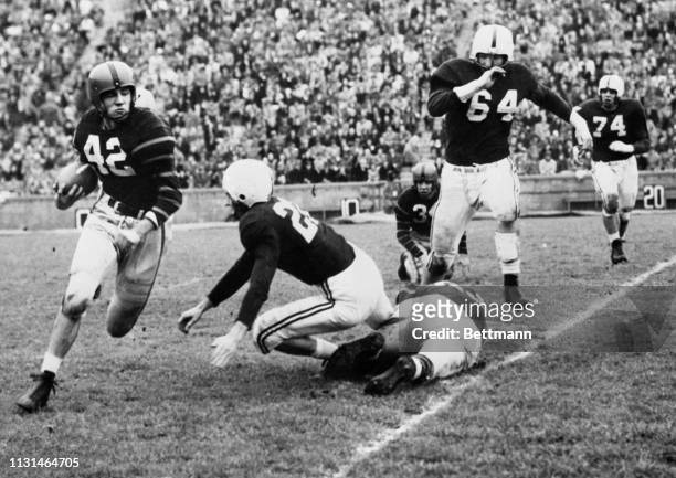 Dick Kazmaier , Princeton triple threat back, carries around end for a 12-yard gain in the first quarter of the game against Yale, at Princeton. Bob...