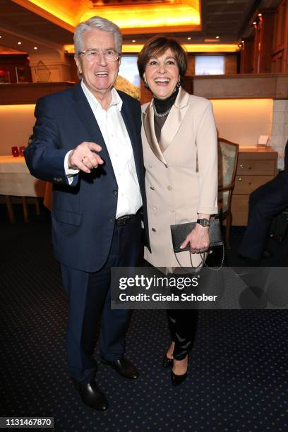 Frank Elstner and Paola Felix during the celebration of Peter Kraus' 80th birthday at Schuhbecks Suedtiroler Stuben on March 18, 2019 in Munich,...